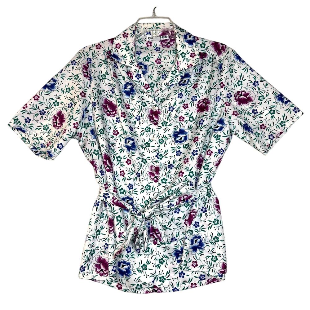 Vintage Caribou Women’s Floral Button Shirt Pink Blue Flowers Sash Made In USA